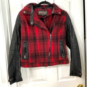 Cavalini Red and Black Plaid Jacket With Leather Sleeves